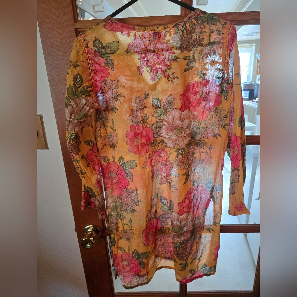 Raj Floral V-Neck Sheer Tunic Top Small - Picture 2 of 4